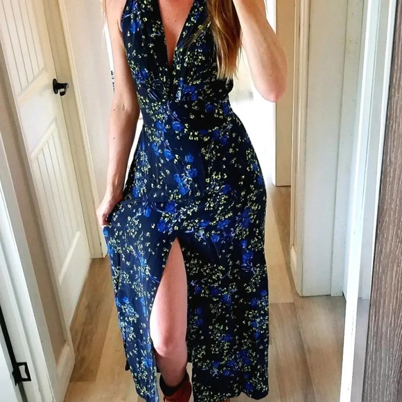 BLUE LIFE Blue Floral V-Neck Front Slit Elsa Boho Cottagecore Prairie Maxi Dress - Picture 1 of 11